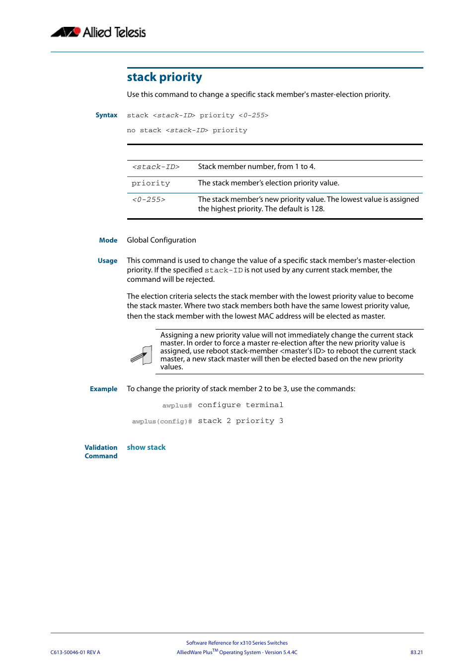 Stack priority | Allied Telesis AlliedWare Plus Operating System Version 5.4.4C (x310-26FT,x310-26FP,x310-50FT,x310-50FP) User Manual | Page 2161 / 2220