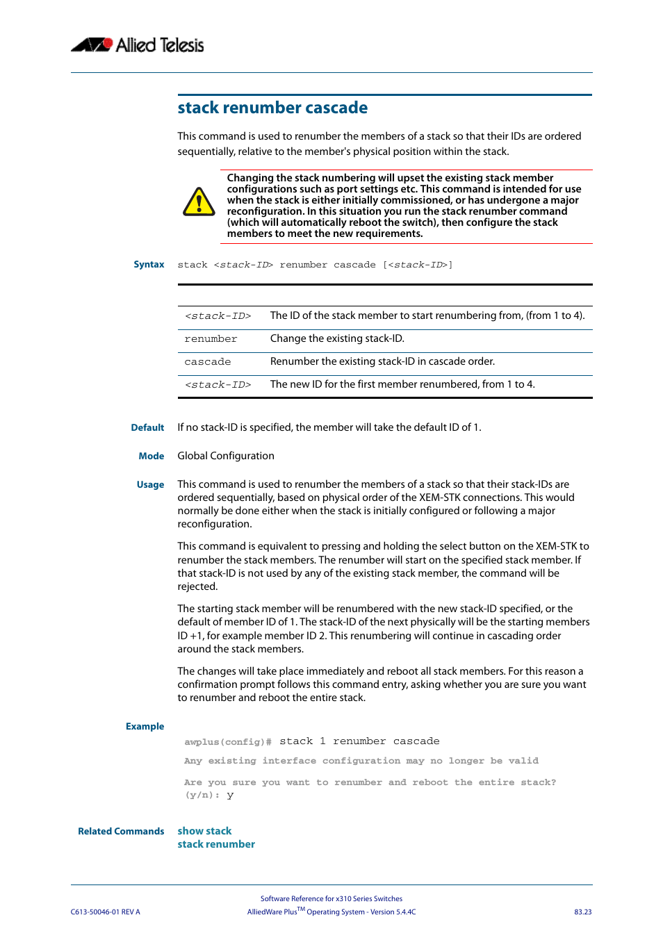 Stack renumber cascade | Allied Telesis AlliedWare Plus Operating System Version 5.4.4C (x310-26FT,x310-26FP,x310-50FT,x310-50FP) User Manual | Page 2163 / 2220