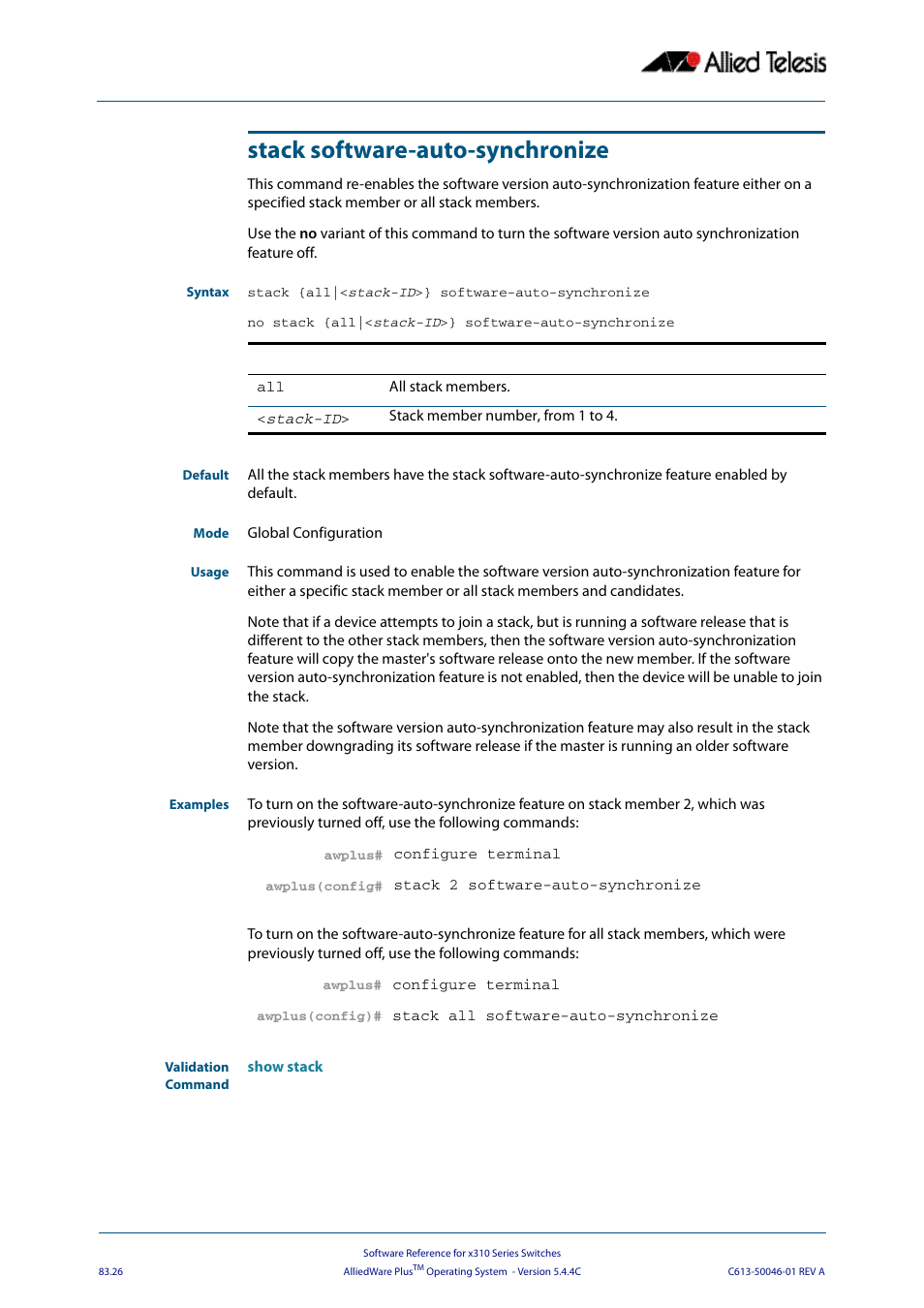 Stack software-auto-synchronize, See the | Allied Telesis AlliedWare Plus Operating System Version 5.4.4C (x310-26FT,x310-26FP,x310-50FT,x310-50FP) User Manual | Page 2166 / 2220