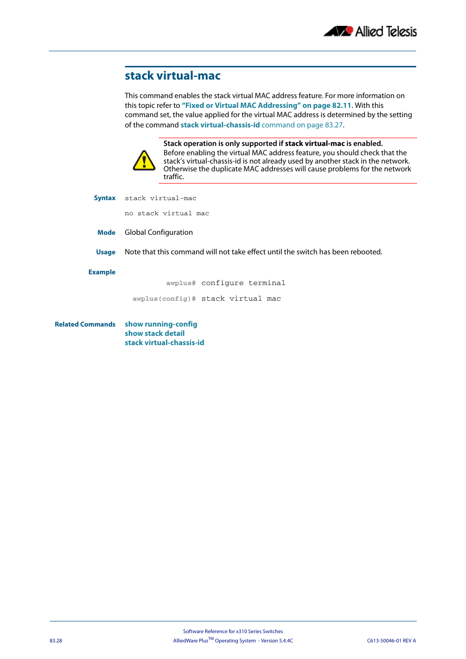 Stack virtual-mac, U set the, Command is | Allied Telesis AlliedWare Plus Operating System Version 5.4.4C (x310-26FT,x310-26FP,x310-50FT,x310-50FP) User Manual | Page 2168 / 2220