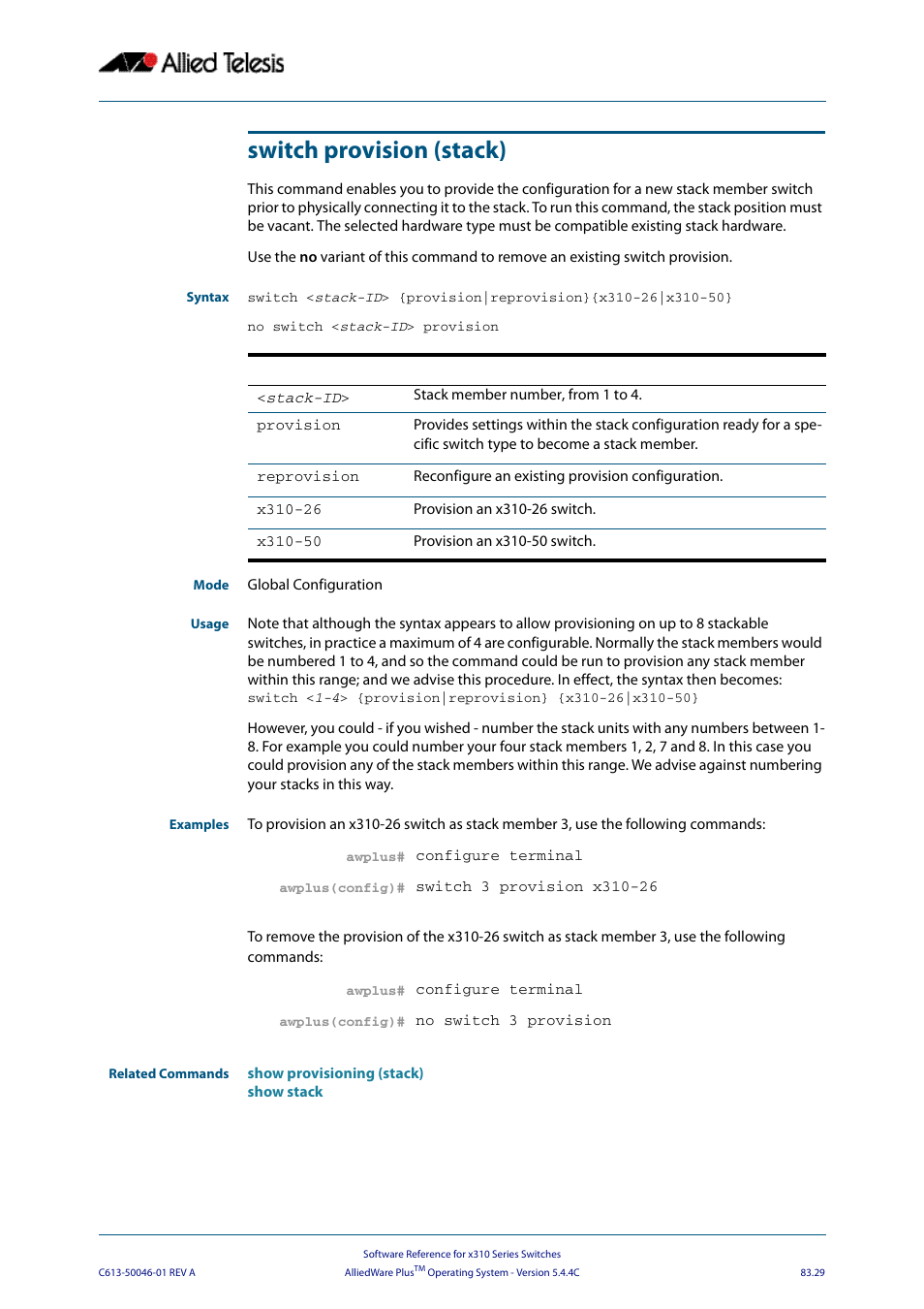 Switch provision (stack) | Allied Telesis AlliedWare Plus Operating System Version 5.4.4C (x310-26FT,x310-26FP,x310-50FT,x310-50FP) User Manual | Page 2169 / 2220