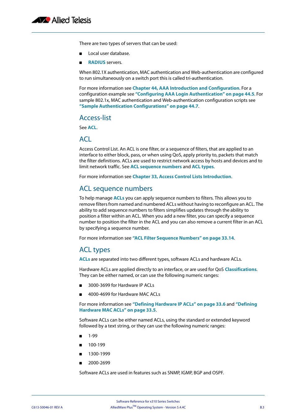 Access-list, Acl sequence numbers, Acl types | Allied Telesis AlliedWare Plus Operating System Version 5.4.4C (x310-26FT,x310-26FP,x310-50FT,x310-50FP) User Manual | Page 2193 / 2220