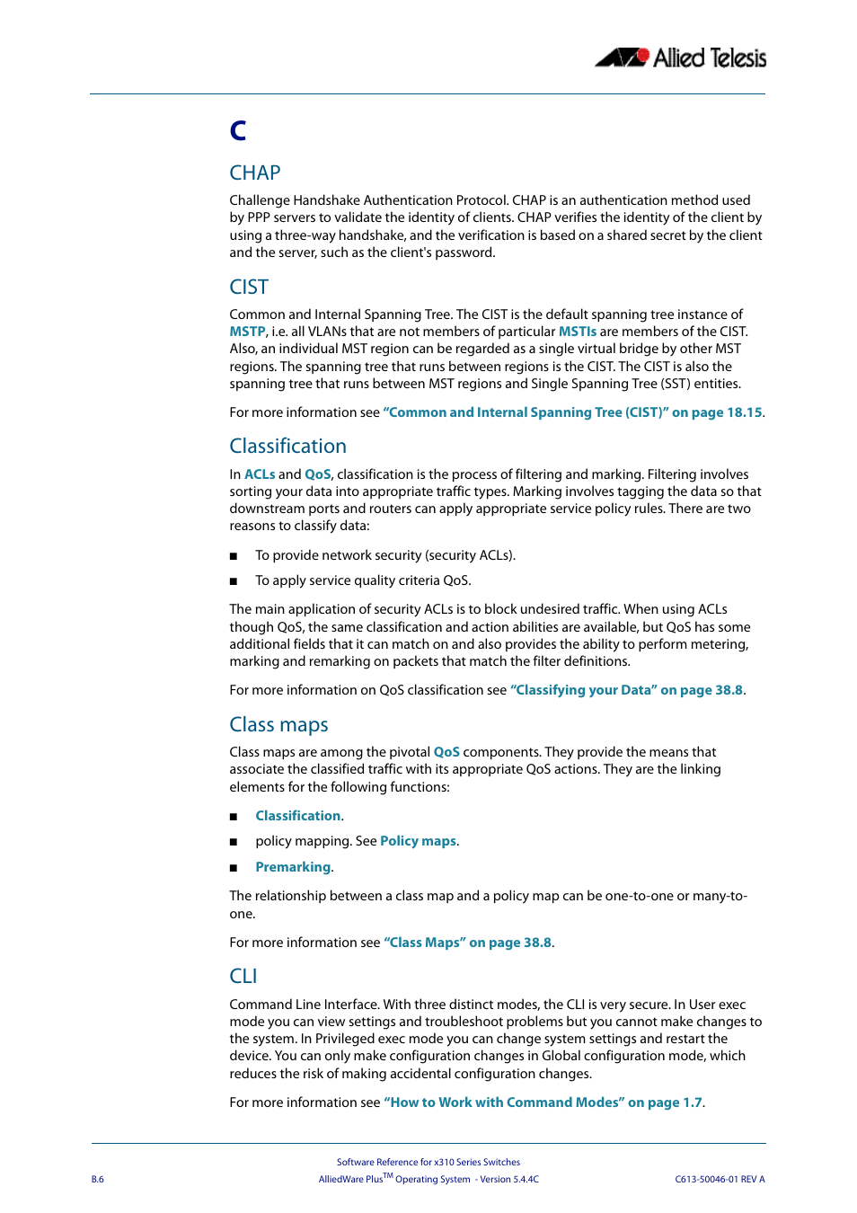Chap, Cist, Classification | Class maps, Classifications | Allied Telesis AlliedWare Plus Operating System Version 5.4.4C (x310-26FT,x310-26FP,x310-50FT,x310-50FP) User Manual | Page 2196 / 2220