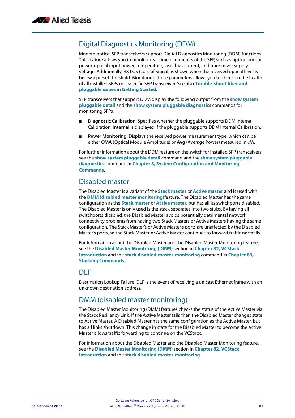 Digital diagnostics monitoring (ddm), Disabled master, Dmm (disabled master monitoring) | Allied Telesis AlliedWare Plus Operating System Version 5.4.4C (x310-26FT,x310-26FP,x310-50FT,x310-50FP) User Manual | Page 2199 / 2220