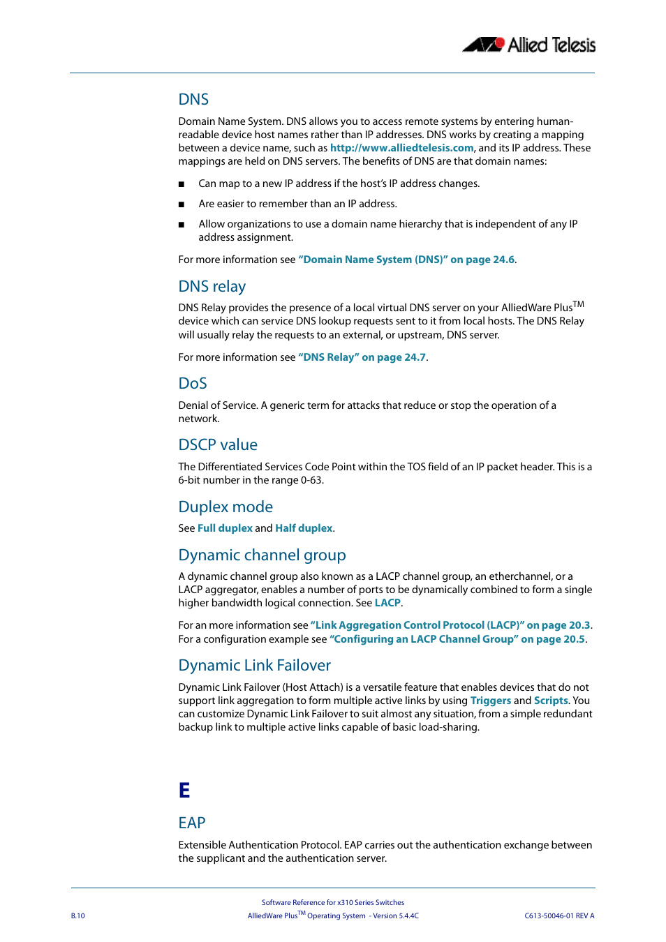 Dns relay, Dscp value, Duplex mode | Dynamic channel group, Dynamic link failover | Allied Telesis AlliedWare Plus Operating System Version 5.4.4C (x310-26FT,x310-26FP,x310-50FT,x310-50FP) User Manual | Page 2200 / 2220