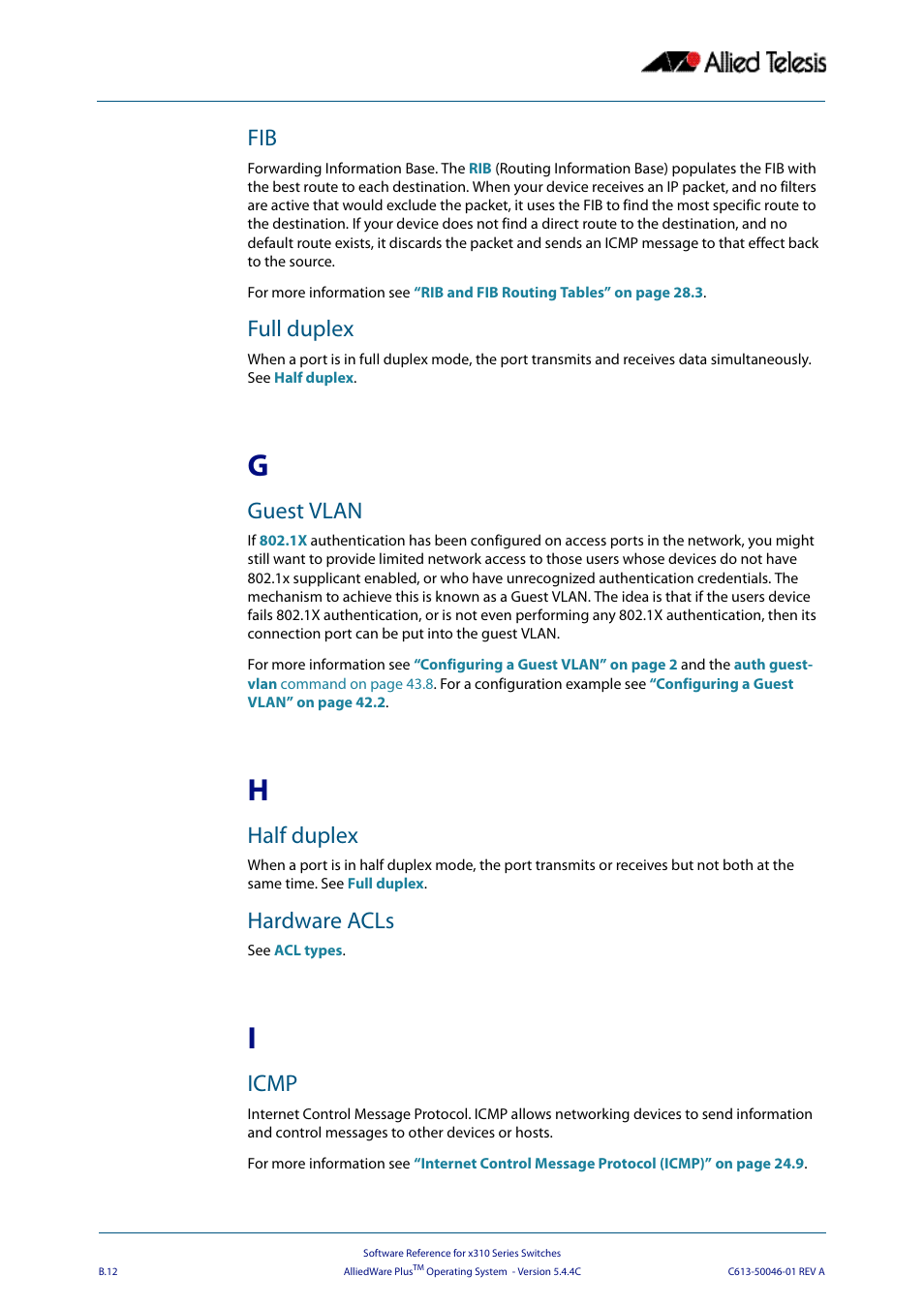 Full duplex, Guest vlan, Half duplex | Hardware acls, Icmp | Allied Telesis AlliedWare Plus Operating System Version 5.4.4C (x310-26FT,x310-26FP,x310-50FT,x310-50FP) User Manual | Page 2202 / 2220