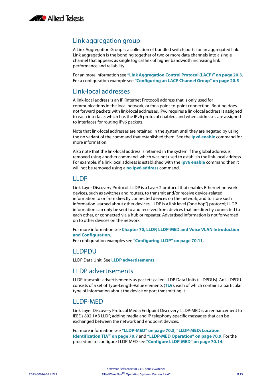 Link aggregation group, Link-local addresses, Lldp | Lldpdu, Lldp advertisements, Lldp-med | Allied Telesis AlliedWare Plus Operating System Version 5.4.4C (x310-26FT,x310-26FP,x310-50FT,x310-50FP) User Manual | Page 2205 / 2220