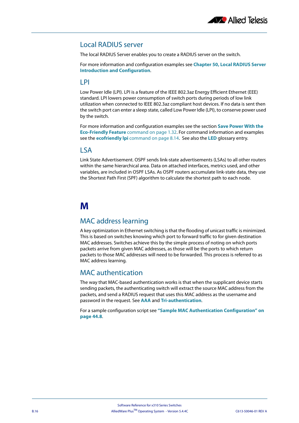 Local radius server, Mac address learning, Mac authentication | Gloss | Allied Telesis AlliedWare Plus Operating System Version 5.4.4C (x310-26FT,x310-26FP,x310-50FT,x310-50FP) User Manual | Page 2206 / 2220