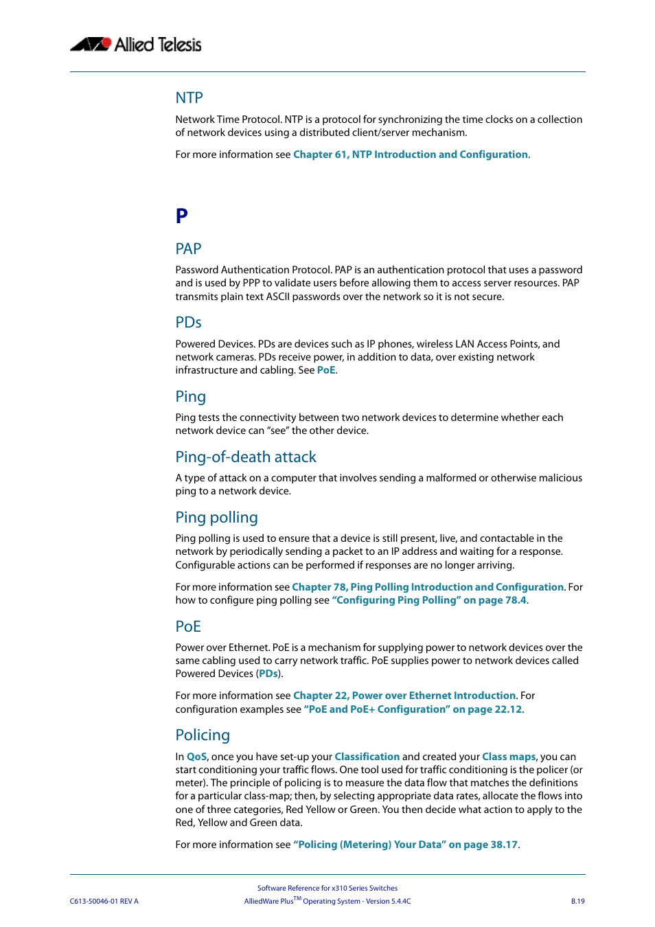 Ping, Ping-of-death attack, Ping polling | Policing | Allied Telesis AlliedWare Plus Operating System Version 5.4.4C (x310-26FT,x310-26FP,x310-50FT,x310-50FP) User Manual | Page 2209 / 2220