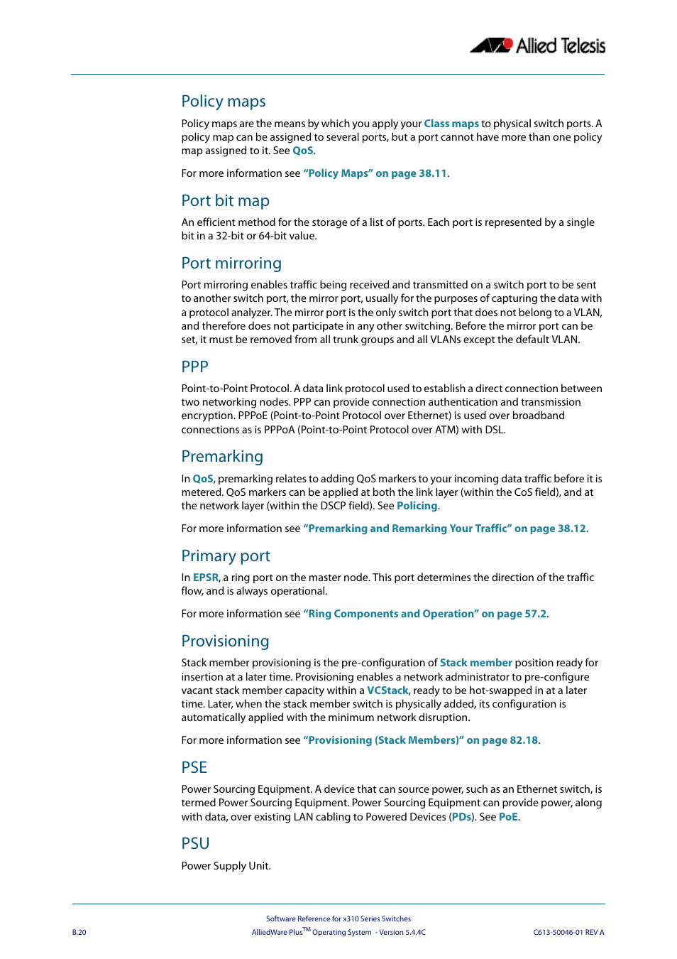 Policy maps, Port bit map, Port mirroring | Premarking, Primary port, Provisioning | Allied Telesis AlliedWare Plus Operating System Version 5.4.4C (x310-26FT,x310-26FP,x310-50FT,x310-50FP) User Manual | Page 2210 / 2220