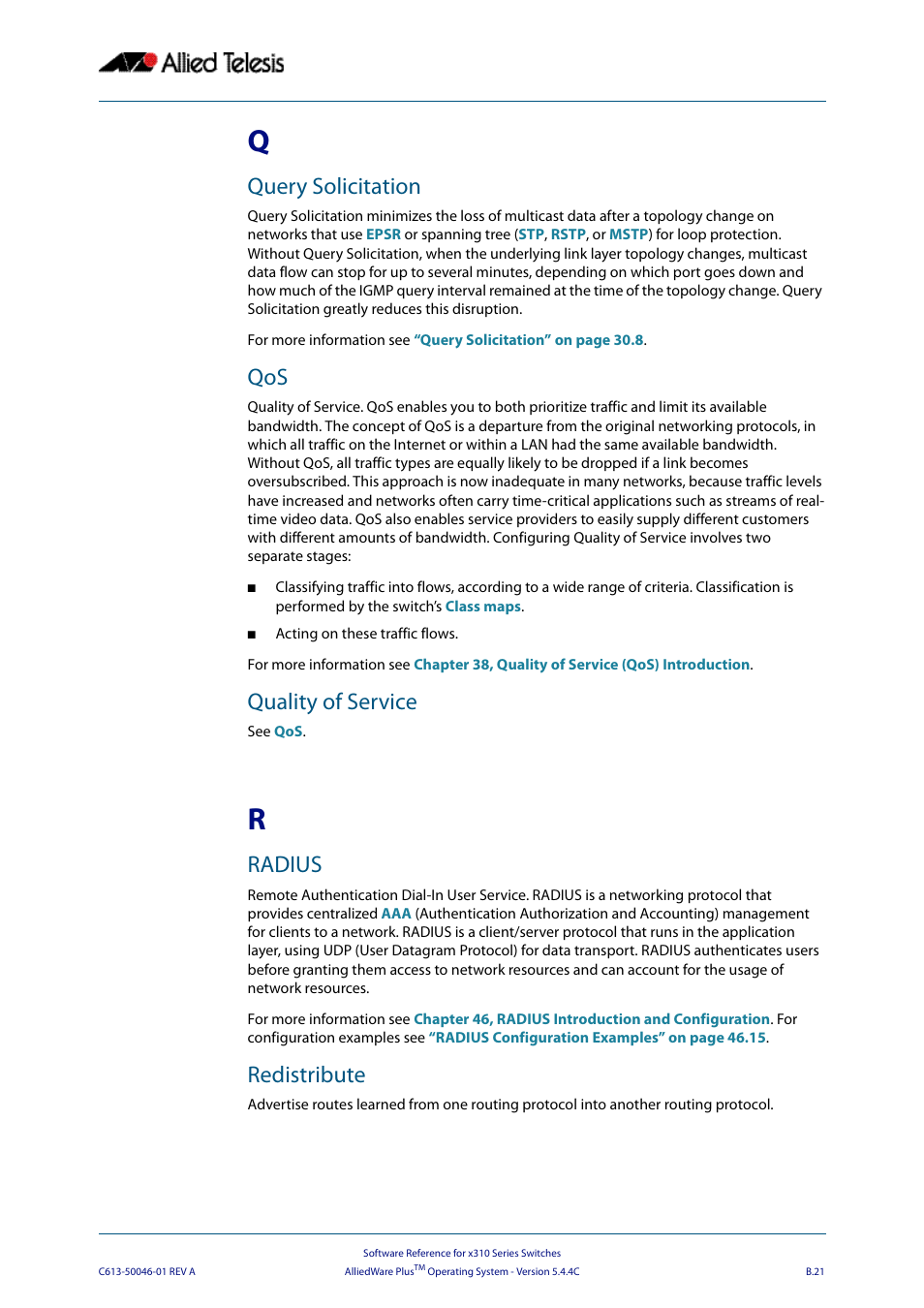 Query solicitation, Quality of service, Radius | Redistribute | Allied Telesis AlliedWare Plus Operating System Version 5.4.4C (x310-26FT,x310-26FP,x310-50FT,x310-50FP) User Manual | Page 2211 / 2220