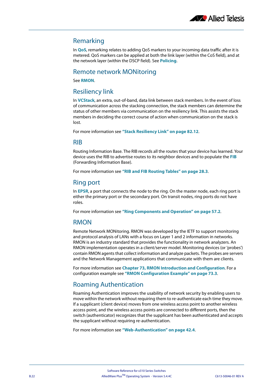 Remarking, Remote network monitoring, Resiliency link | Ring port, Rmon, Roaming authentication | Allied Telesis AlliedWare Plus Operating System Version 5.4.4C (x310-26FT,x310-26FP,x310-50FT,x310-50FP) User Manual | Page 2212 / 2220