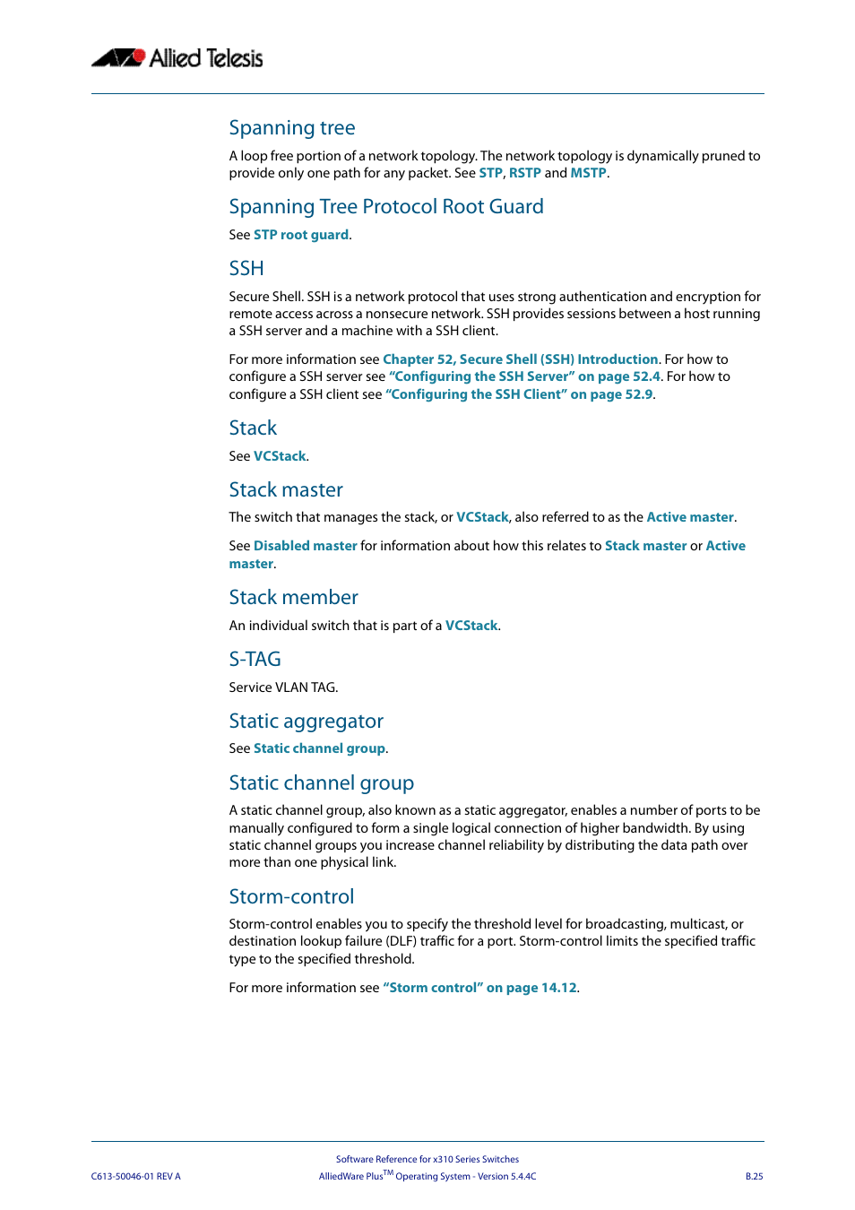 Spanning tree, Spanning tree protocol root guard, Stack | Stack master, Stack member, S-tag, Static aggregator, Static channel group, Storm-control, Ation of | Allied Telesis AlliedWare Plus Operating System Version 5.4.4C (x310-26FT,x310-26FP,x310-50FT,x310-50FP) User Manual | Page 2215 / 2220