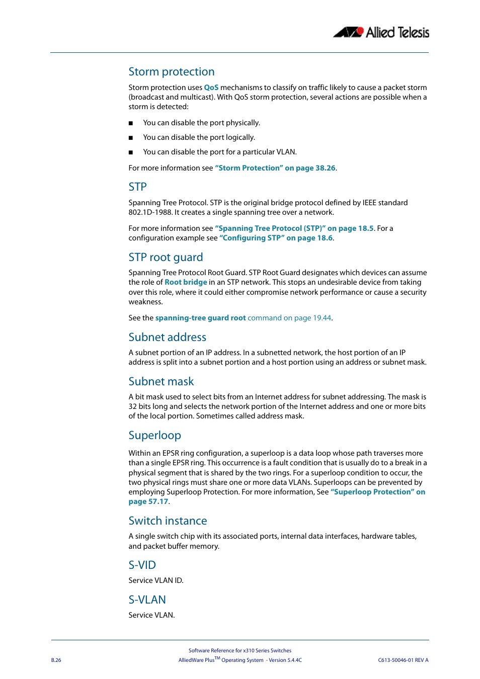 Storm protection, Stp root guard, Subnet address | Subnet mask, Superloop, Switch instance, S-vid, S-vlan | Allied Telesis AlliedWare Plus Operating System Version 5.4.4C (x310-26FT,x310-26FP,x310-50FT,x310-50FP) User Manual | Page 2216 / 2220