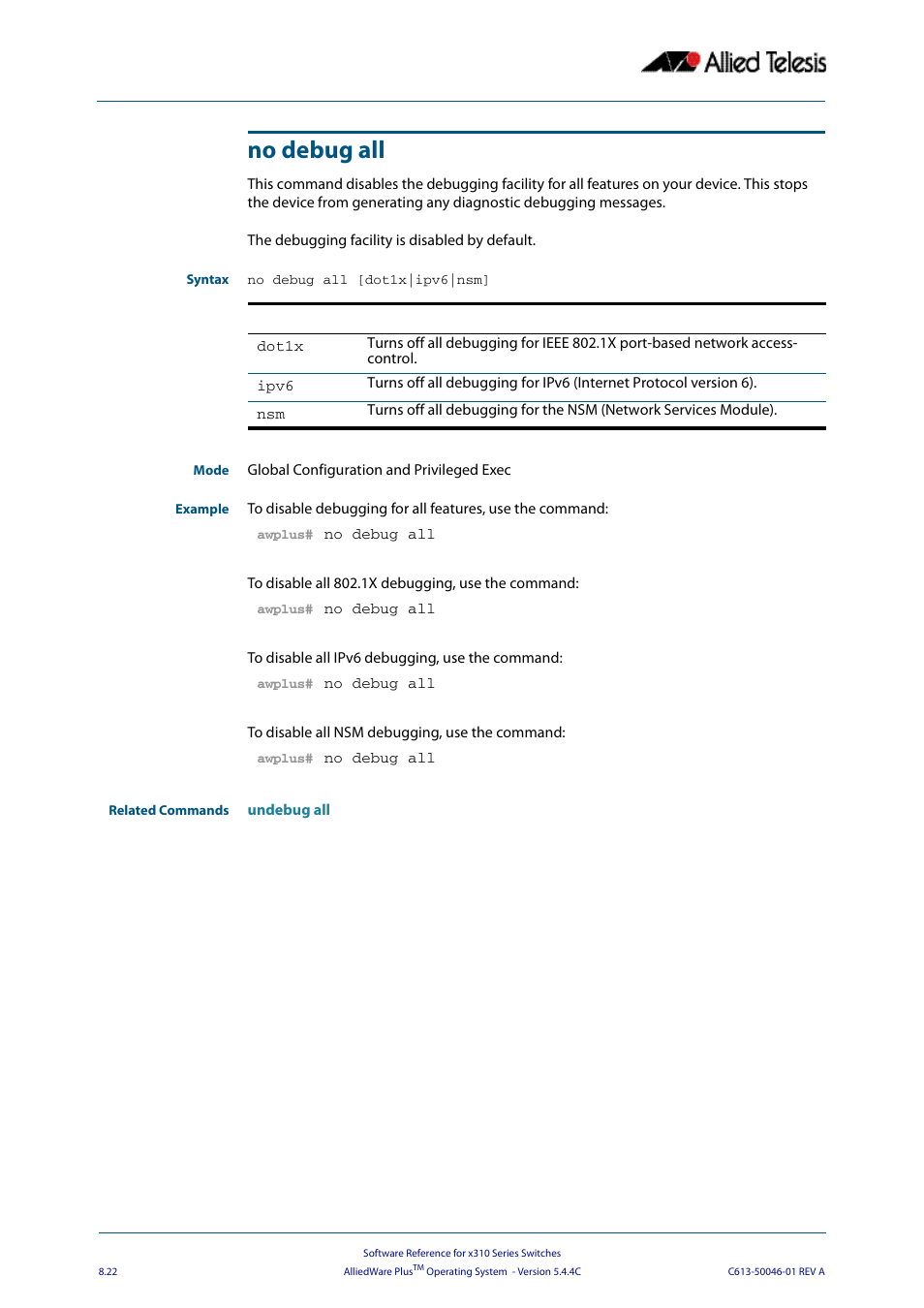 No debug all | Allied Telesis AlliedWare Plus Operating System Version 5.4.4C (x310-26FT,x310-26FP,x310-50FT,x310-50FP) User Manual | Page 222 / 2220