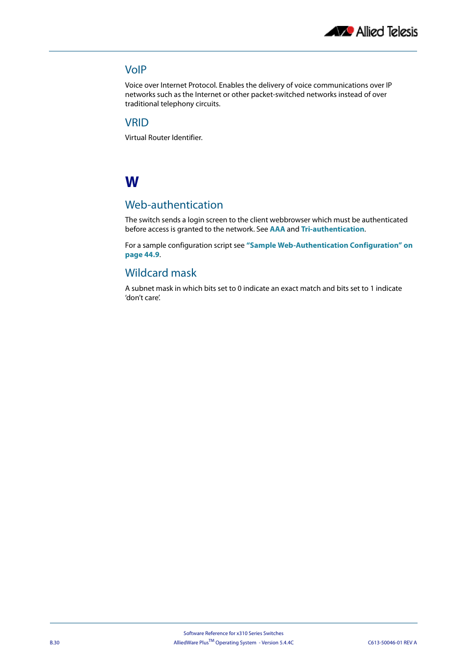 Voip, Vrid, Web-authentication | Wildcard mask | Allied Telesis AlliedWare Plus Operating System Version 5.4.4C (x310-26FT,x310-26FP,x310-50FT,x310-50FP) User Manual | Page 2220 / 2220