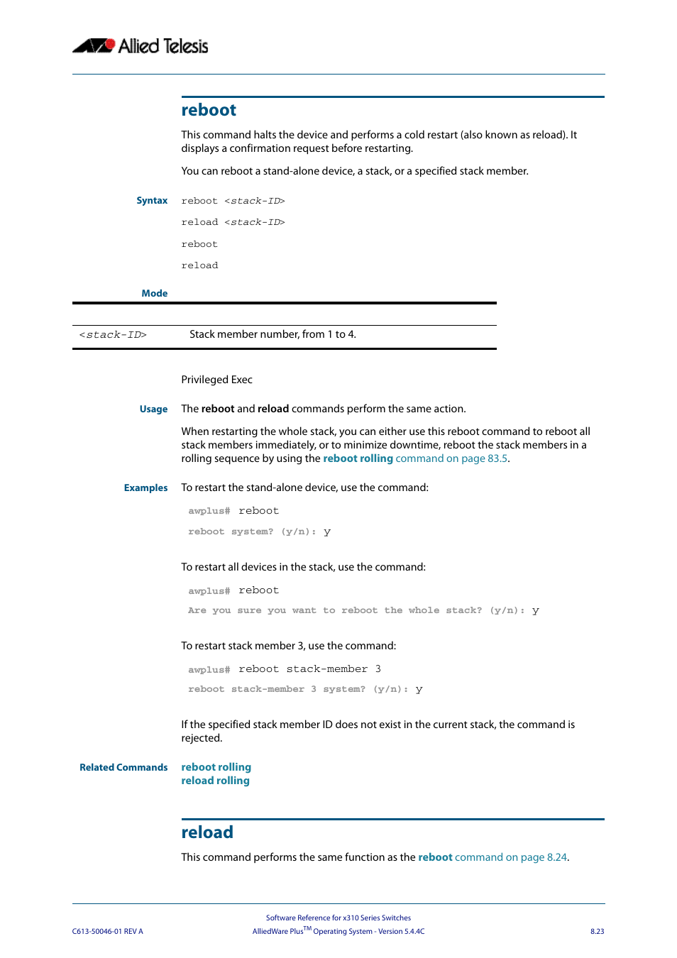 Reboot, Reload, Reboot reload | Allied Telesis AlliedWare Plus Operating System Version 5.4.4C (x310-26FT,x310-26FP,x310-50FT,x310-50FP) User Manual | Page 223 / 2220