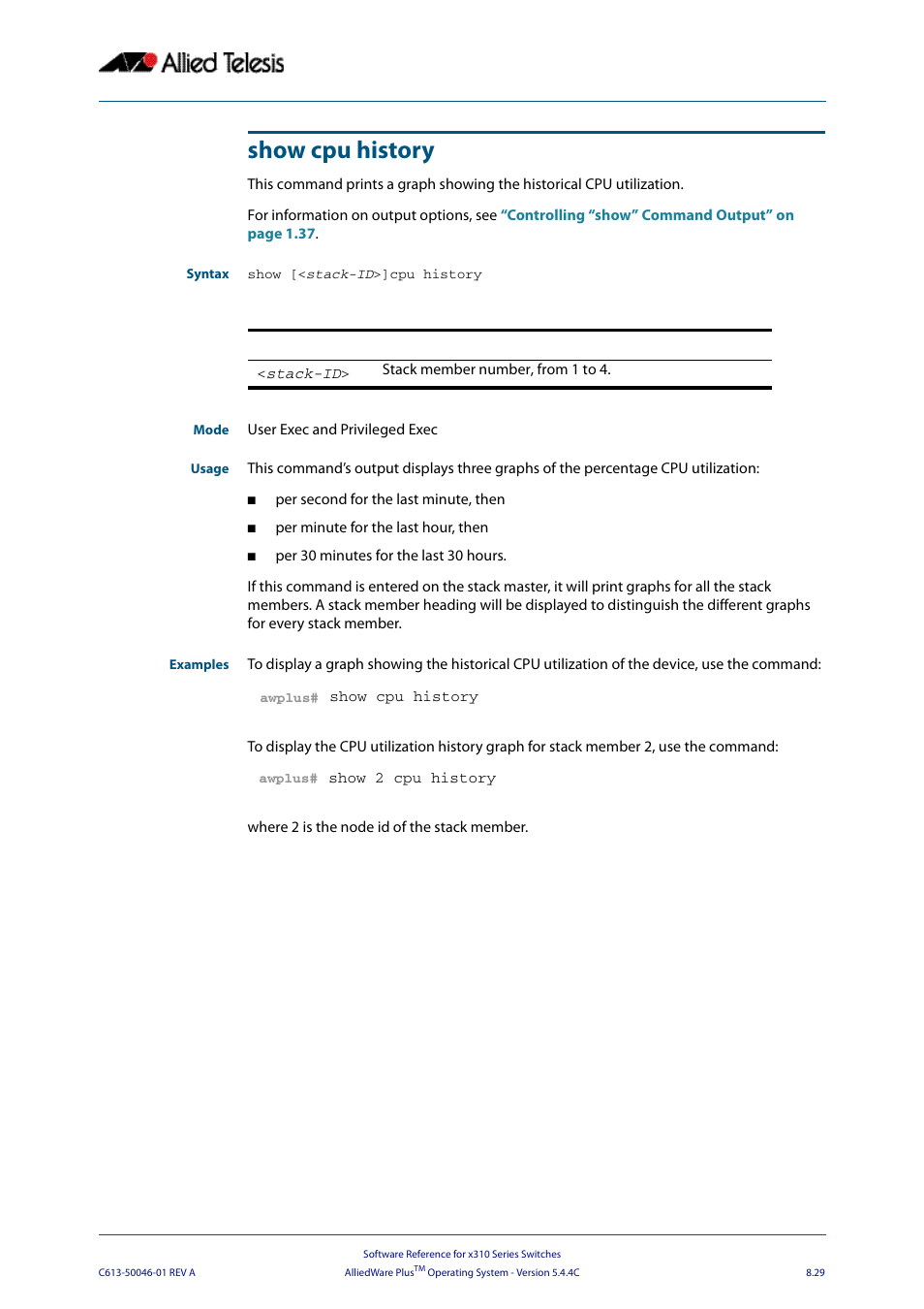 Show cpu history | Allied Telesis AlliedWare Plus Operating System Version 5.4.4C (x310-26FT,x310-26FP,x310-50FT,x310-50FP) User Manual | Page 229 / 2220