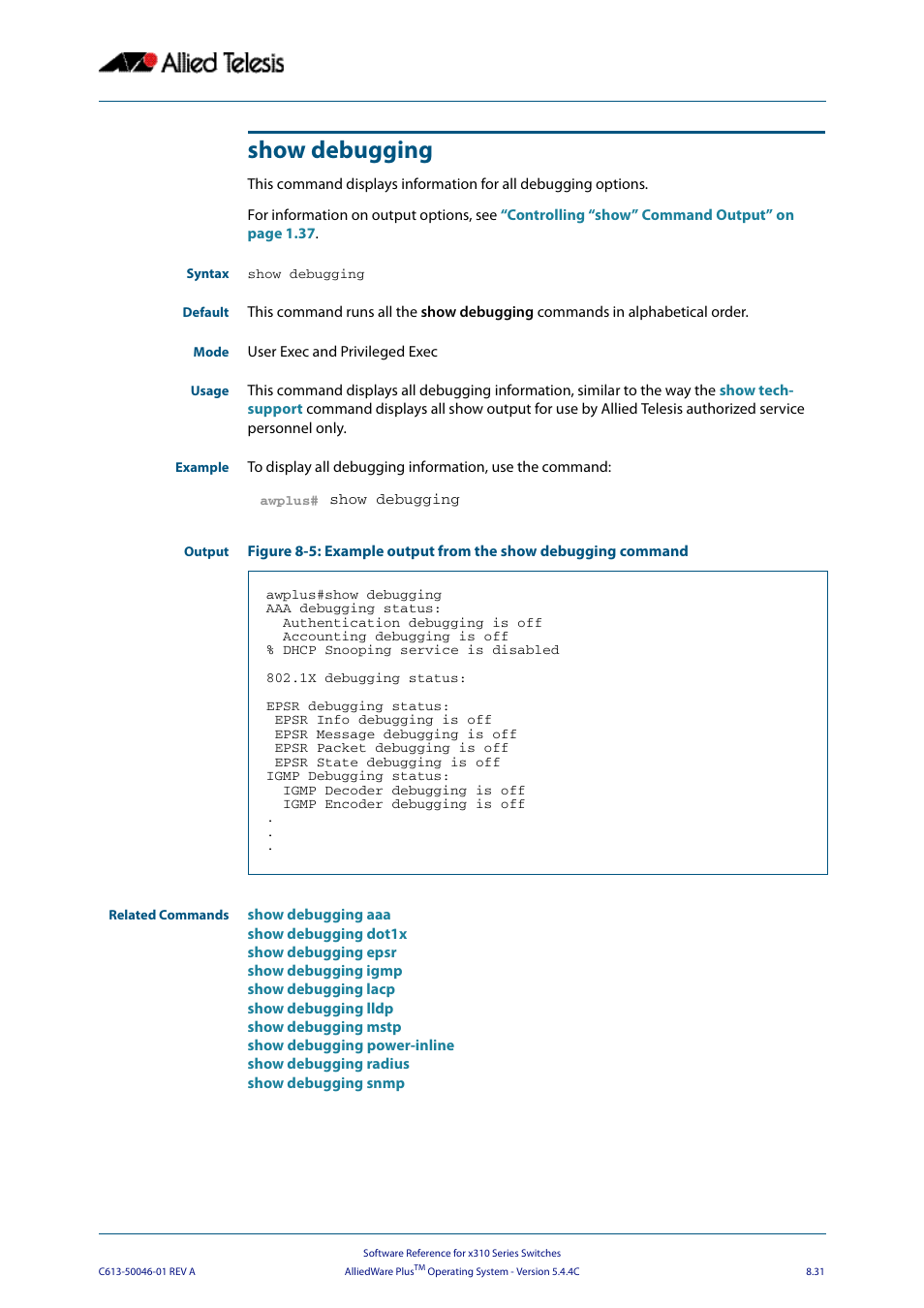 Show debugging | Allied Telesis AlliedWare Plus Operating System Version 5.4.4C (x310-26FT,x310-26FP,x310-50FT,x310-50FP) User Manual | Page 231 / 2220