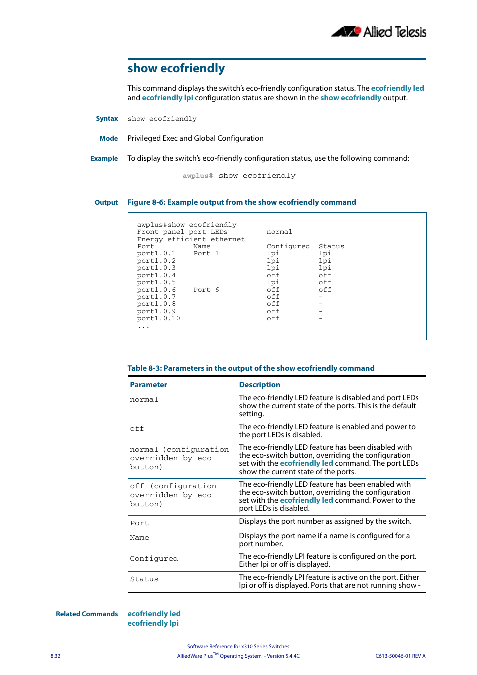 Show ecofriendly | Allied Telesis AlliedWare Plus Operating System Version 5.4.4C (x310-26FT,x310-26FP,x310-50FT,x310-50FP) User Manual | Page 232 / 2220