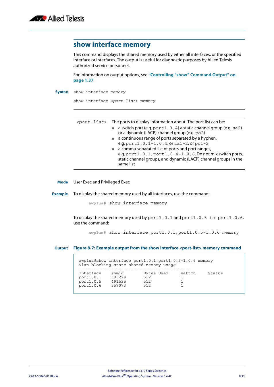 Show interface memory | Allied Telesis AlliedWare Plus Operating System Version 5.4.4C (x310-26FT,x310-26FP,x310-50FT,x310-50FP) User Manual | Page 233 / 2220