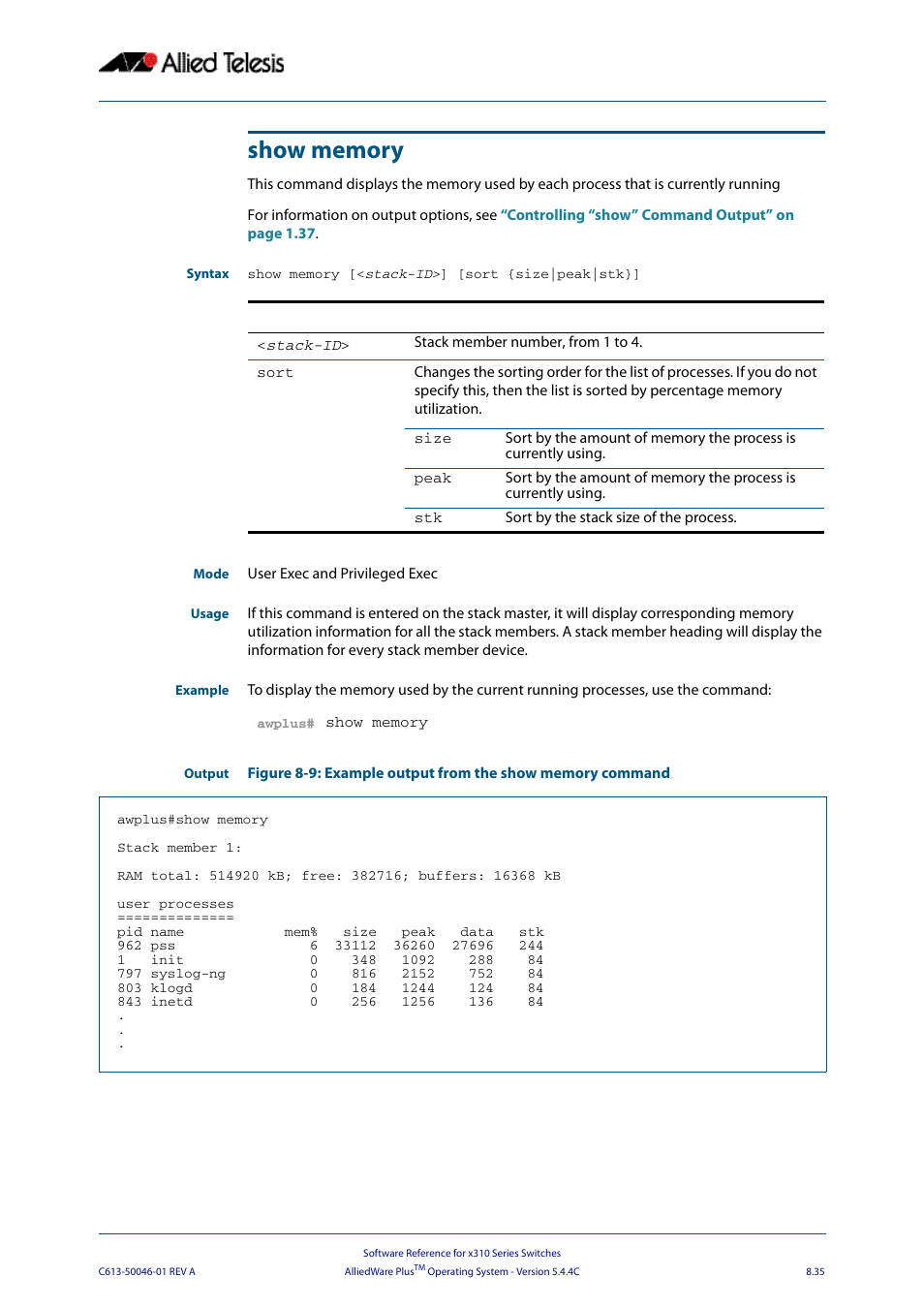 Show memory | Allied Telesis AlliedWare Plus Operating System Version 5.4.4C (x310-26FT,x310-26FP,x310-50FT,x310-50FP) User Manual | Page 235 / 2220
