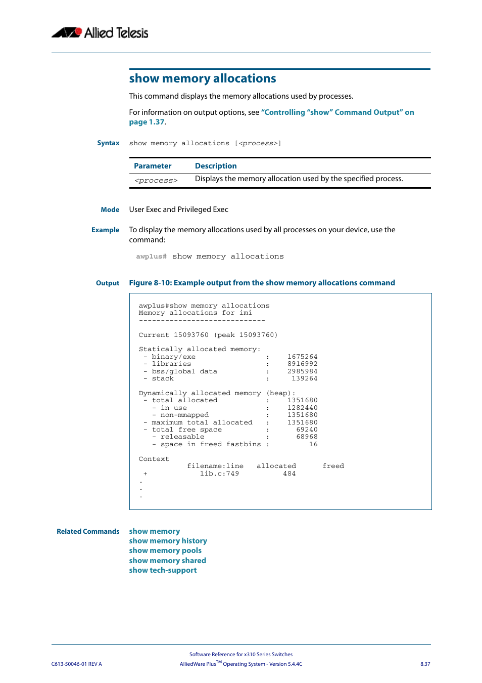 Show memory allocations | Allied Telesis AlliedWare Plus Operating System Version 5.4.4C (x310-26FT,x310-26FP,x310-50FT,x310-50FP) User Manual | Page 237 / 2220