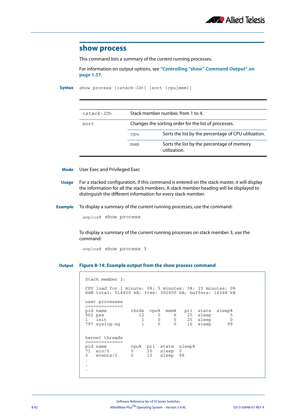 Show process | Allied Telesis AlliedWare Plus Operating System Version 5.4.4C (x310-26FT,x310-26FP,x310-50FT,x310-50FP) User Manual | Page 242 / 2220