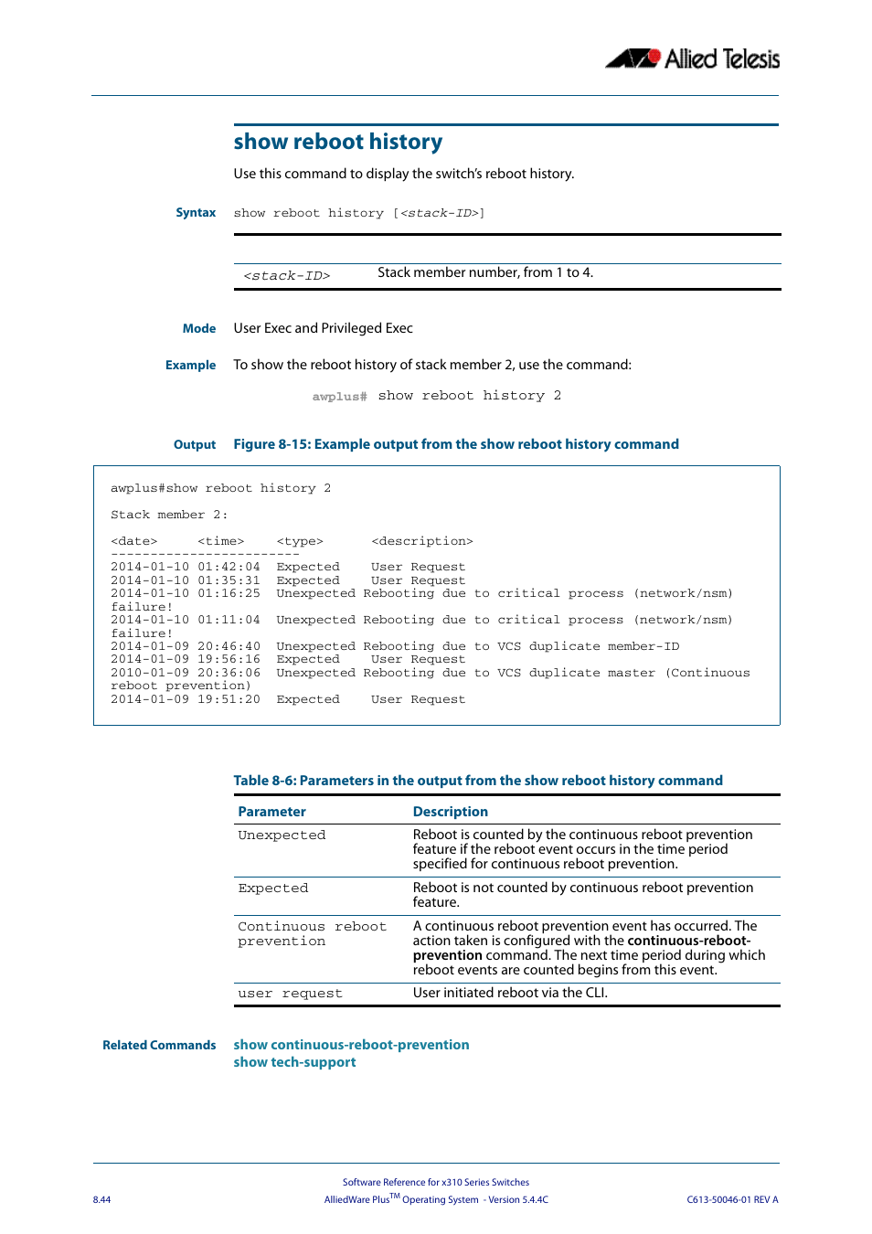Show reboot history | Allied Telesis AlliedWare Plus Operating System Version 5.4.4C (x310-26FT,x310-26FP,x310-50FT,x310-50FP) User Manual | Page 244 / 2220