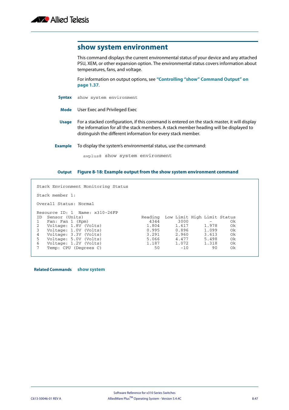 Show system environment | Allied Telesis AlliedWare Plus Operating System Version 5.4.4C (x310-26FT,x310-26FP,x310-50FT,x310-50FP) User Manual | Page 247 / 2220