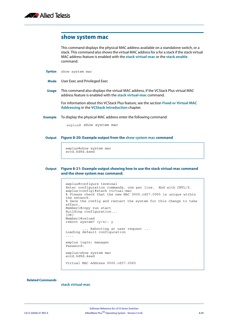 Show system mac | Allied Telesis AlliedWare Plus Operating System Version 5.4.4C (x310-26FT,x310-26FP,x310-50FT,x310-50FP) User Manual | Page 249 / 2220
