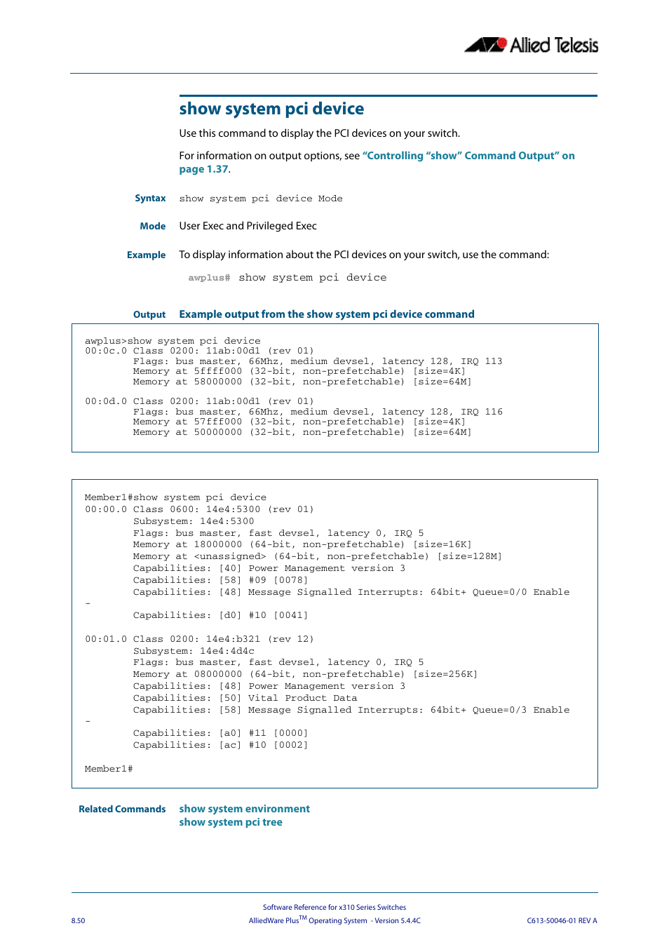 Show system pci device | Allied Telesis AlliedWare Plus Operating System Version 5.4.4C (x310-26FT,x310-26FP,x310-50FT,x310-50FP) User Manual | Page 250 / 2220