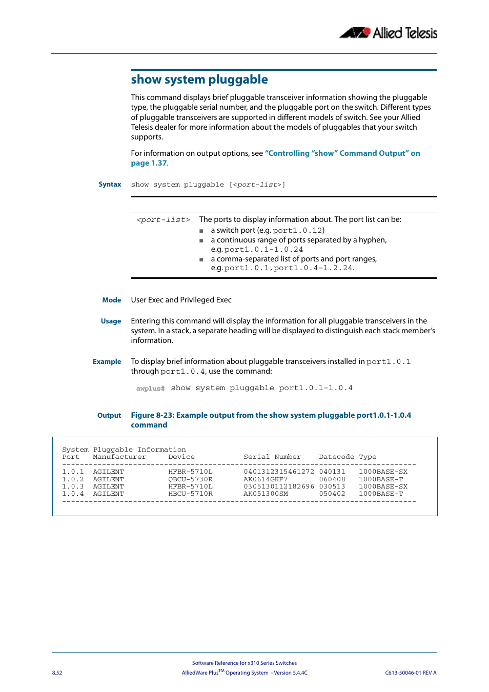 Show system pluggable | Allied Telesis AlliedWare Plus Operating System Version 5.4.4C (x310-26FT,x310-26FP,x310-50FT,x310-50FP) User Manual | Page 252 / 2220