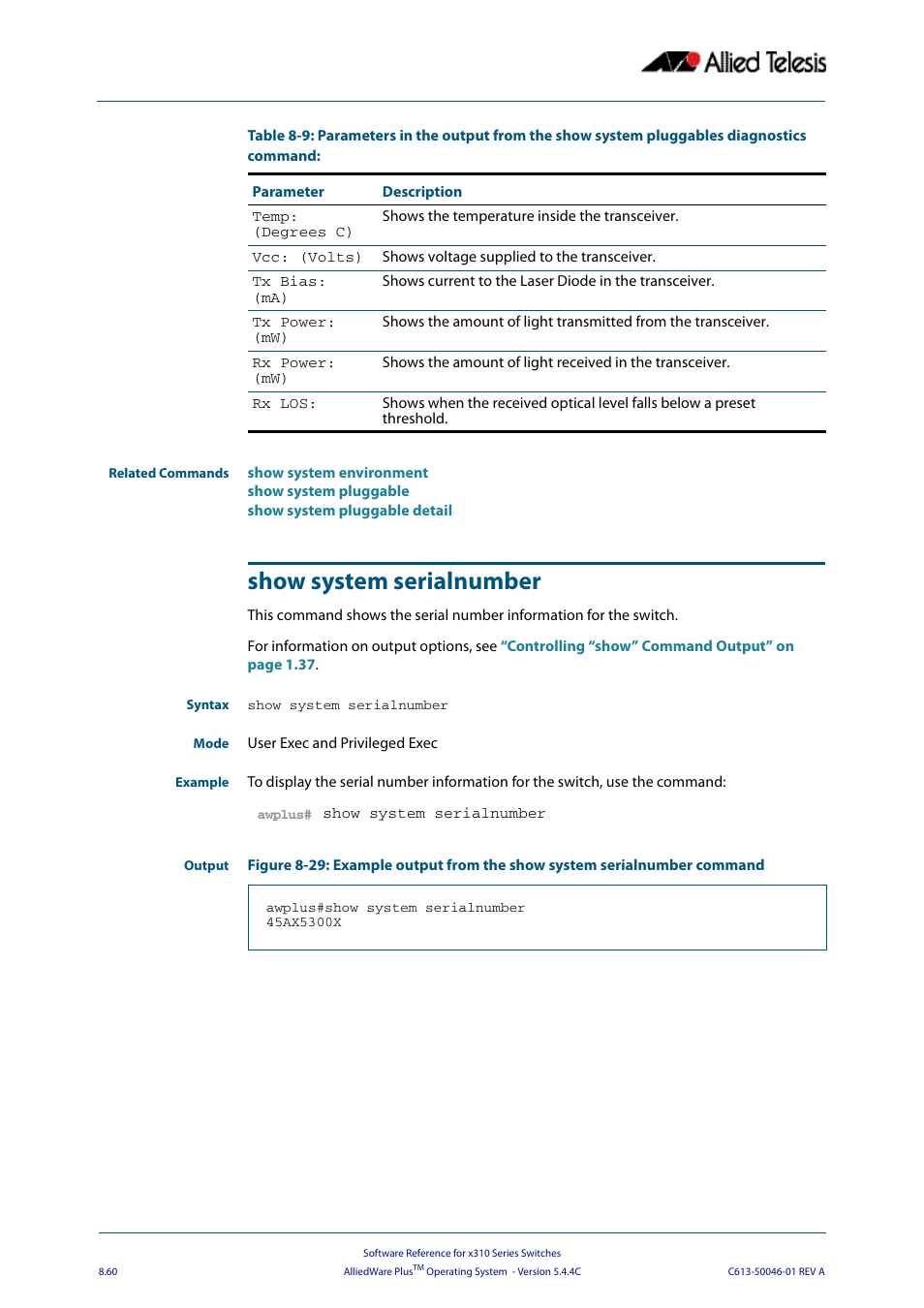 Show system serialnumber | Allied Telesis AlliedWare Plus Operating System Version 5.4.4C (x310-26FT,x310-26FP,x310-50FT,x310-50FP) User Manual | Page 260 / 2220