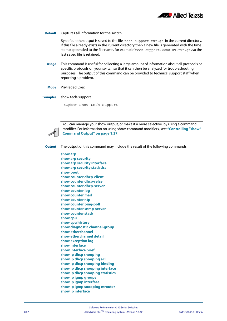 Allied Telesis AlliedWare Plus Operating System Version 5.4.4C (x310-26FT,x310-26FP,x310-50FT,x310-50FP) User Manual | Page 262 / 2220