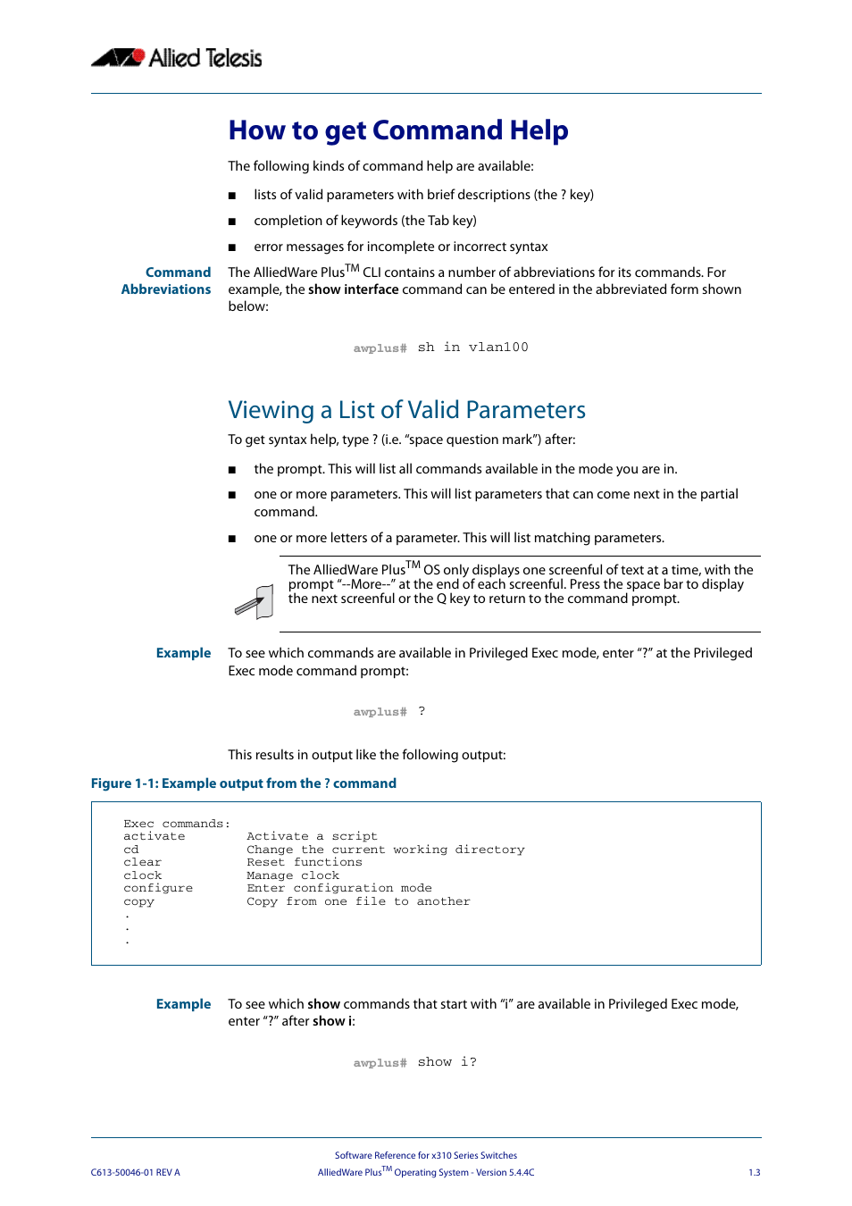How to get command help, Viewing a list of valid parameters | Allied Telesis AlliedWare Plus Operating System Version 5.4.4C (x310-26FT,x310-26FP,x310-50FT,x310-50FP) User Manual | Page 27 / 2220