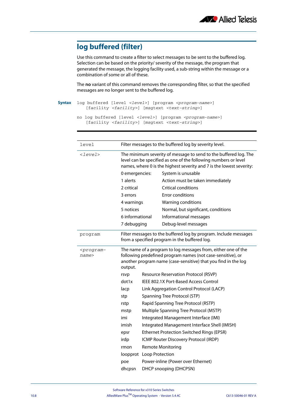 Log buffered (filter) | Allied Telesis AlliedWare Plus Operating System Version 5.4.4C (x310-26FT,x310-26FP,x310-50FT,x310-50FP) User Manual | Page 280 / 2220