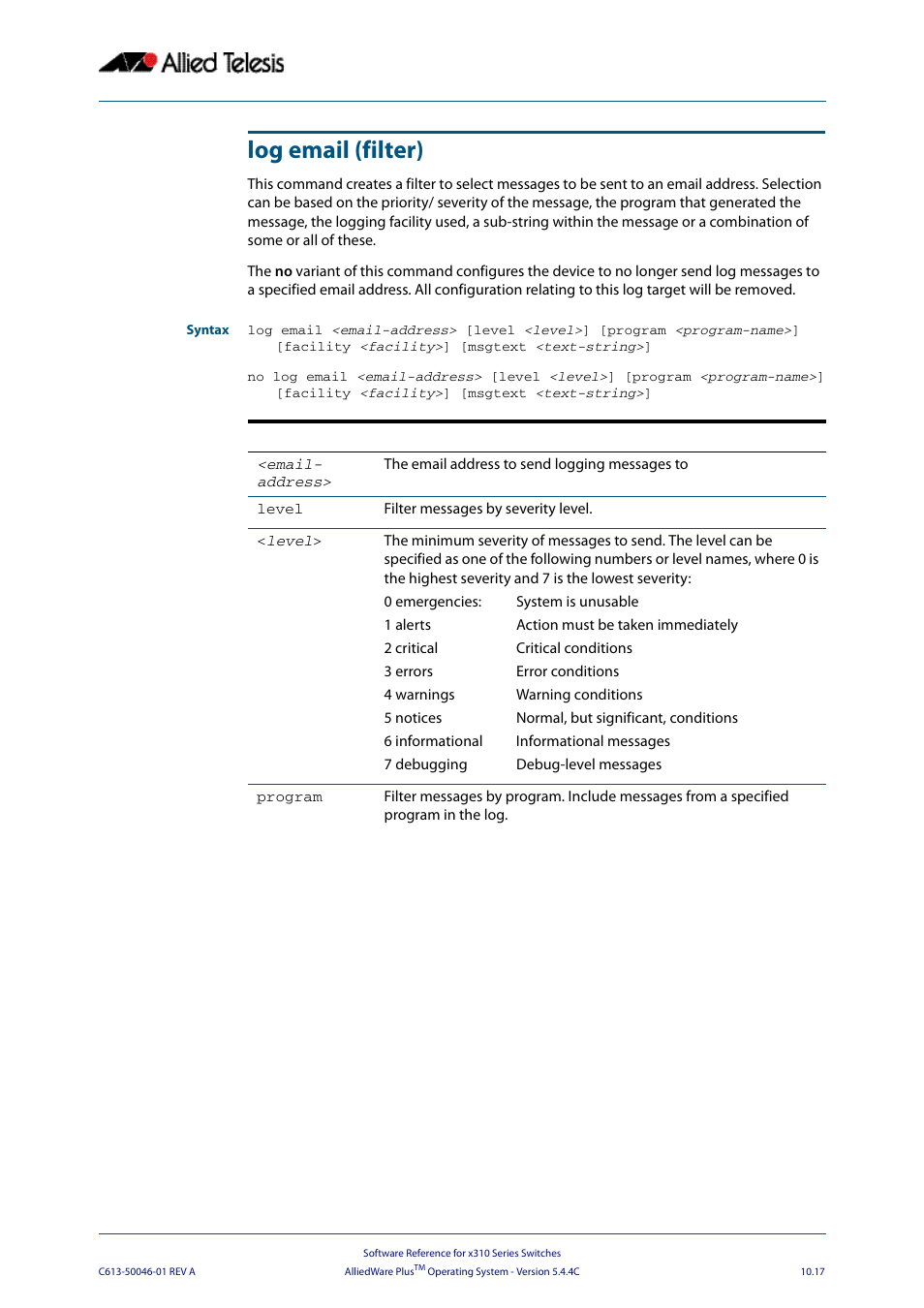 Log email (filter) | Allied Telesis AlliedWare Plus Operating System Version 5.4.4C (x310-26FT,x310-26FP,x310-50FT,x310-50FP) User Manual | Page 289 / 2220