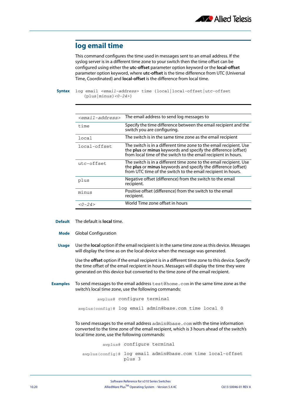 Log email time | Allied Telesis AlliedWare Plus Operating System Version 5.4.4C (x310-26FT,x310-26FP,x310-50FT,x310-50FP) User Manual | Page 292 / 2220