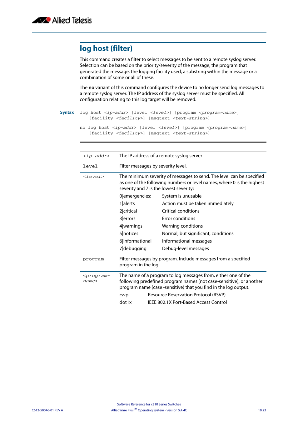 Log host (filter) | Allied Telesis AlliedWare Plus Operating System Version 5.4.4C (x310-26FT,x310-26FP,x310-50FT,x310-50FP) User Manual | Page 295 / 2220