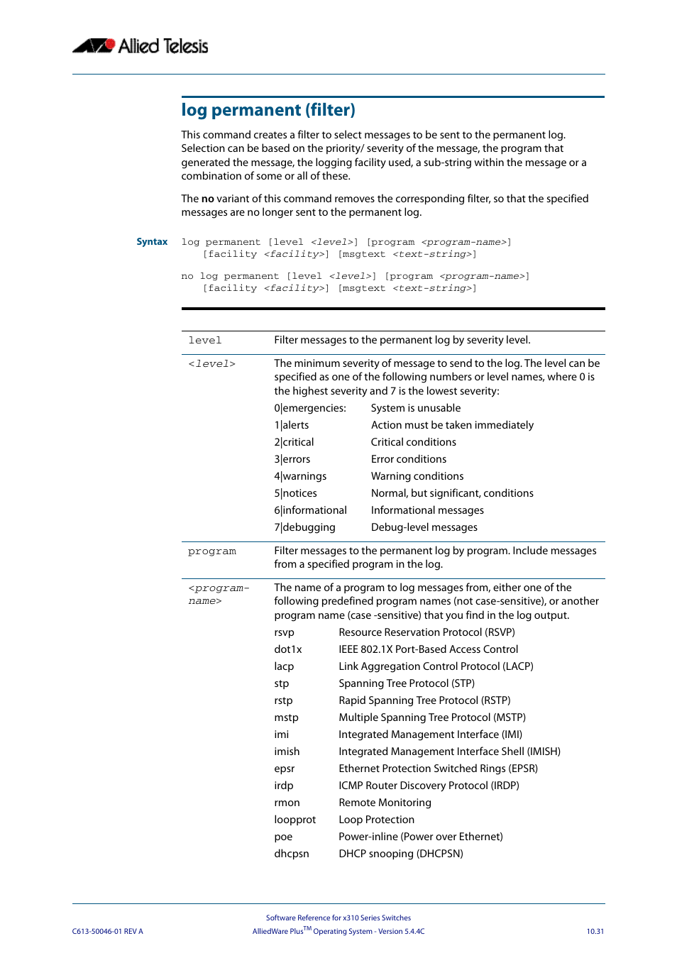 Log permanent (filter), Permanent (filter) | Allied Telesis AlliedWare Plus Operating System Version 5.4.4C (x310-26FT,x310-26FP,x310-50FT,x310-50FP) User Manual | Page 303 / 2220