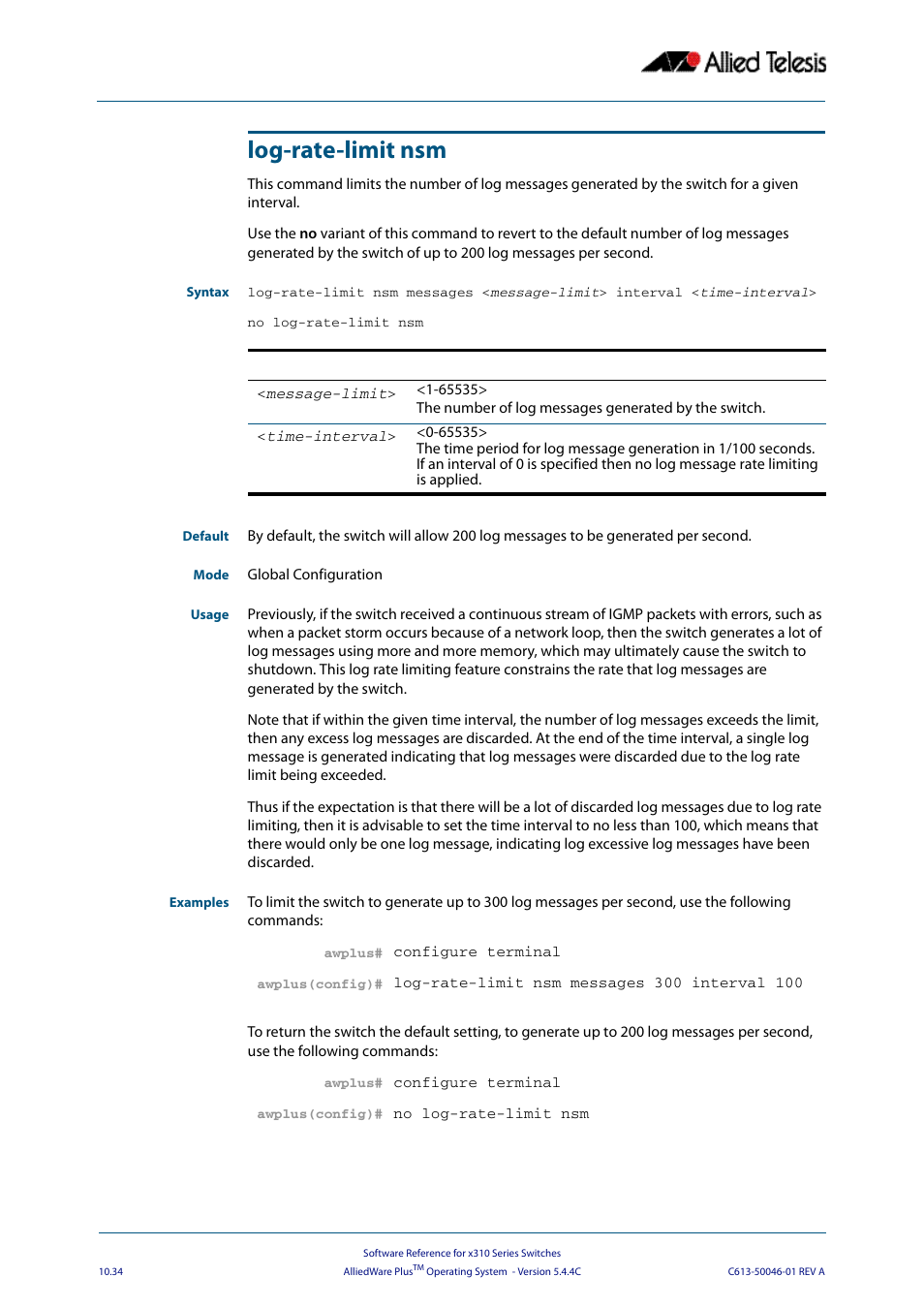 Log-rate-limit nsm | Allied Telesis AlliedWare Plus Operating System Version 5.4.4C (x310-26FT,x310-26FP,x310-50FT,x310-50FP) User Manual | Page 306 / 2220