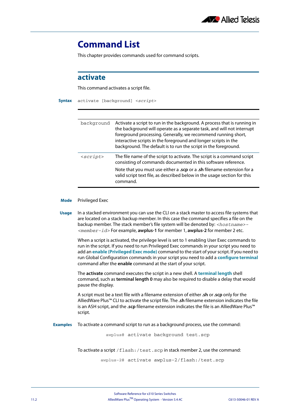 Command list, Activate | Allied Telesis AlliedWare Plus Operating System Version 5.4.4C (x310-26FT,x310-26FP,x310-50FT,x310-50FP) User Manual | Page 318 / 2220