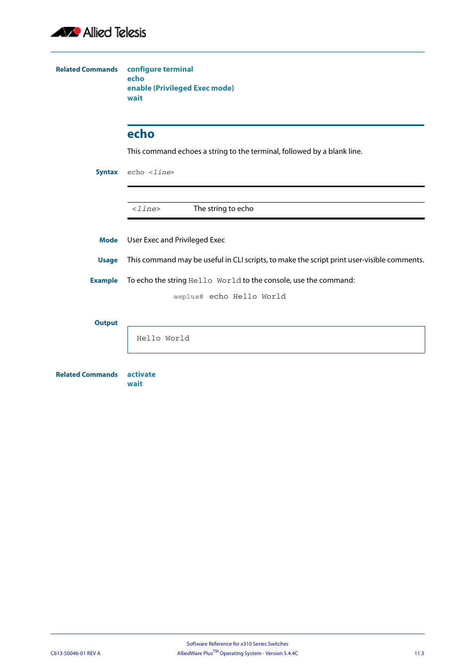 Echo | Allied Telesis AlliedWare Plus Operating System Version 5.4.4C (x310-26FT,x310-26FP,x310-50FT,x310-50FP) User Manual | Page 319 / 2220