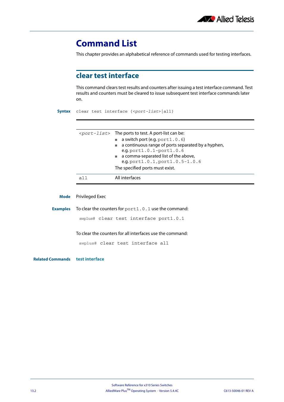 Command list, Clear test interface | Allied Telesis AlliedWare Plus Operating System Version 5.4.4C (x310-26FT,x310-26FP,x310-50FT,x310-50FP) User Manual | Page 336 / 2220