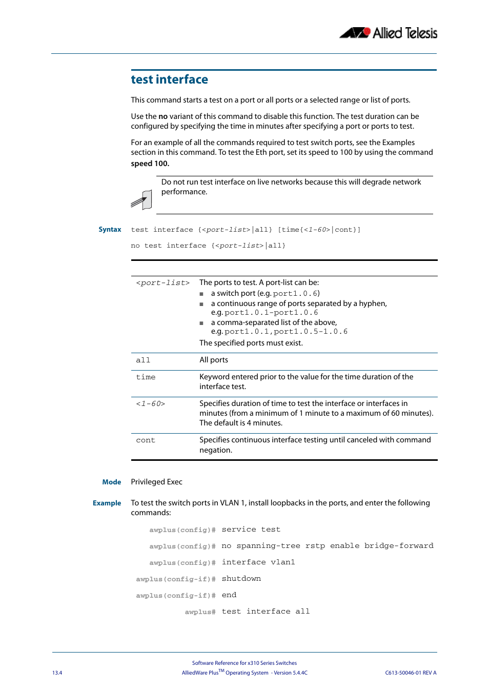 Test interface | Allied Telesis AlliedWare Plus Operating System Version 5.4.4C (x310-26FT,x310-26FP,x310-50FT,x310-50FP) User Manual | Page 338 / 2220