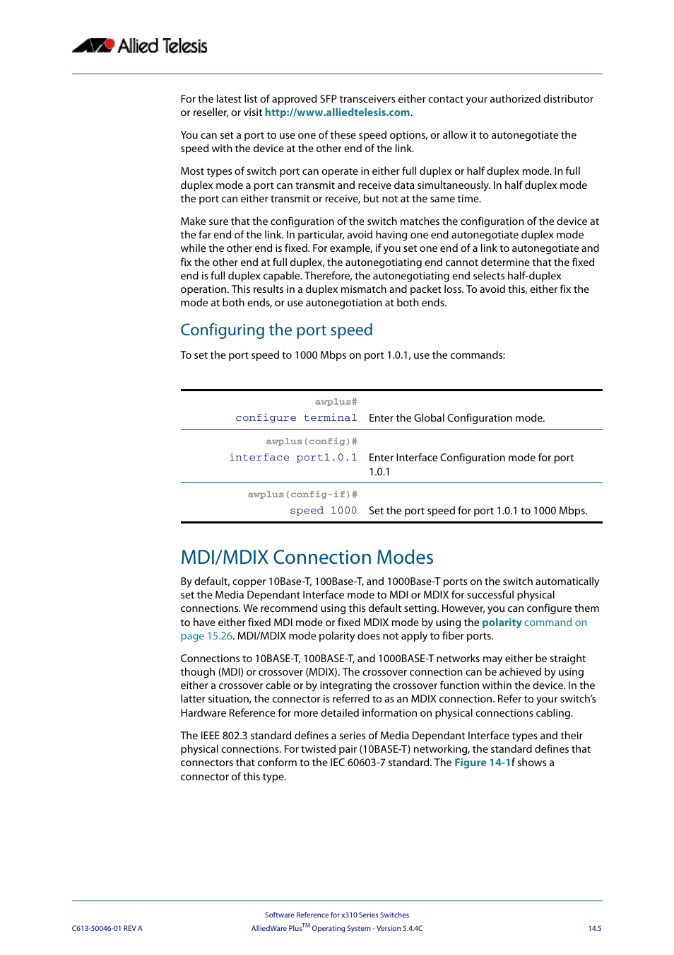 Configuring the port speed, Mdi/mdix connection modes | Allied Telesis AlliedWare Plus Operating System Version 5.4.4C (x310-26FT,x310-26FP,x310-50FT,x310-50FP) User Manual | Page 347 / 2220