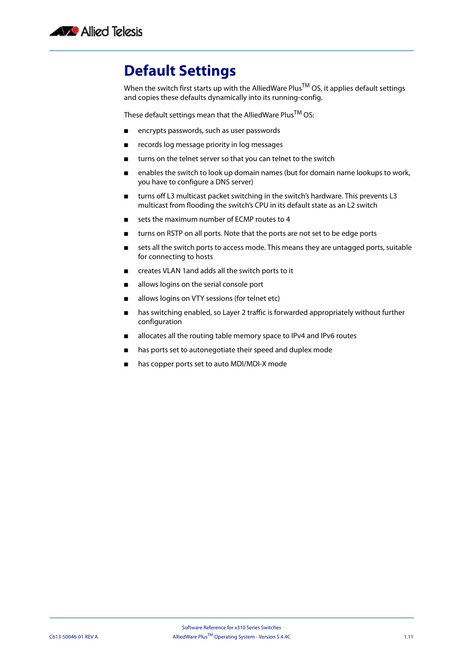 Default settings | Allied Telesis AlliedWare Plus Operating System Version 5.4.4C (x310-26FT,x310-26FP,x310-50FT,x310-50FP) User Manual | Page 35 / 2220