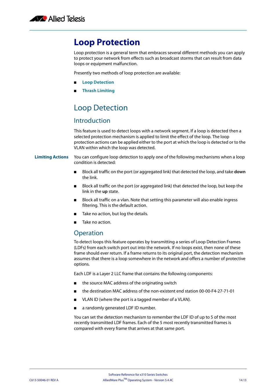 Loop protection, Loop detection, Introduction | Operation | Allied Telesis AlliedWare Plus Operating System Version 5.4.4C (x310-26FT,x310-26FP,x310-50FT,x310-50FP) User Manual | Page 355 / 2220