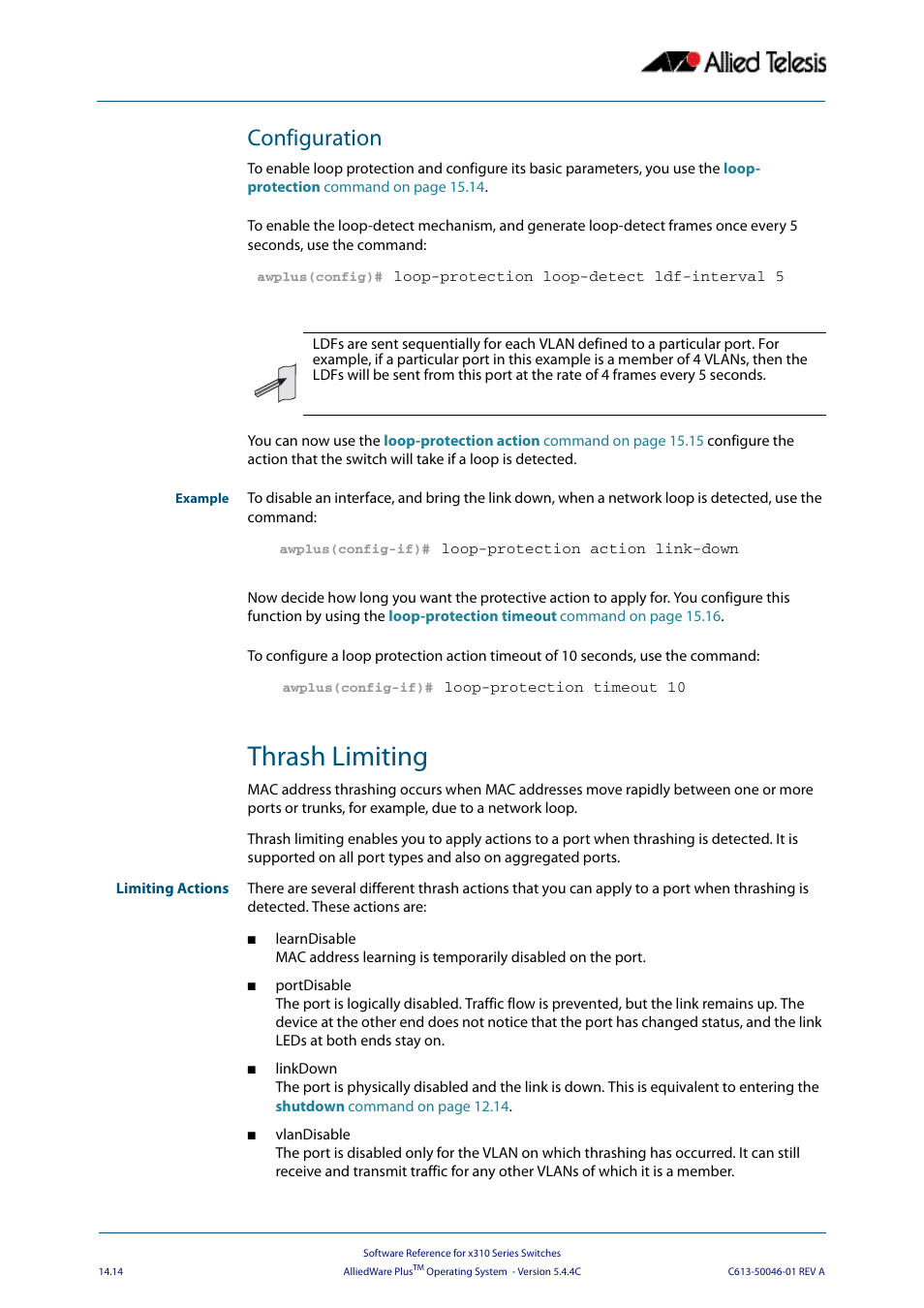 Configuration, Thrash limiting | Allied Telesis AlliedWare Plus Operating System Version 5.4.4C (x310-26FT,x310-26FP,x310-50FT,x310-50FP) User Manual | Page 356 / 2220